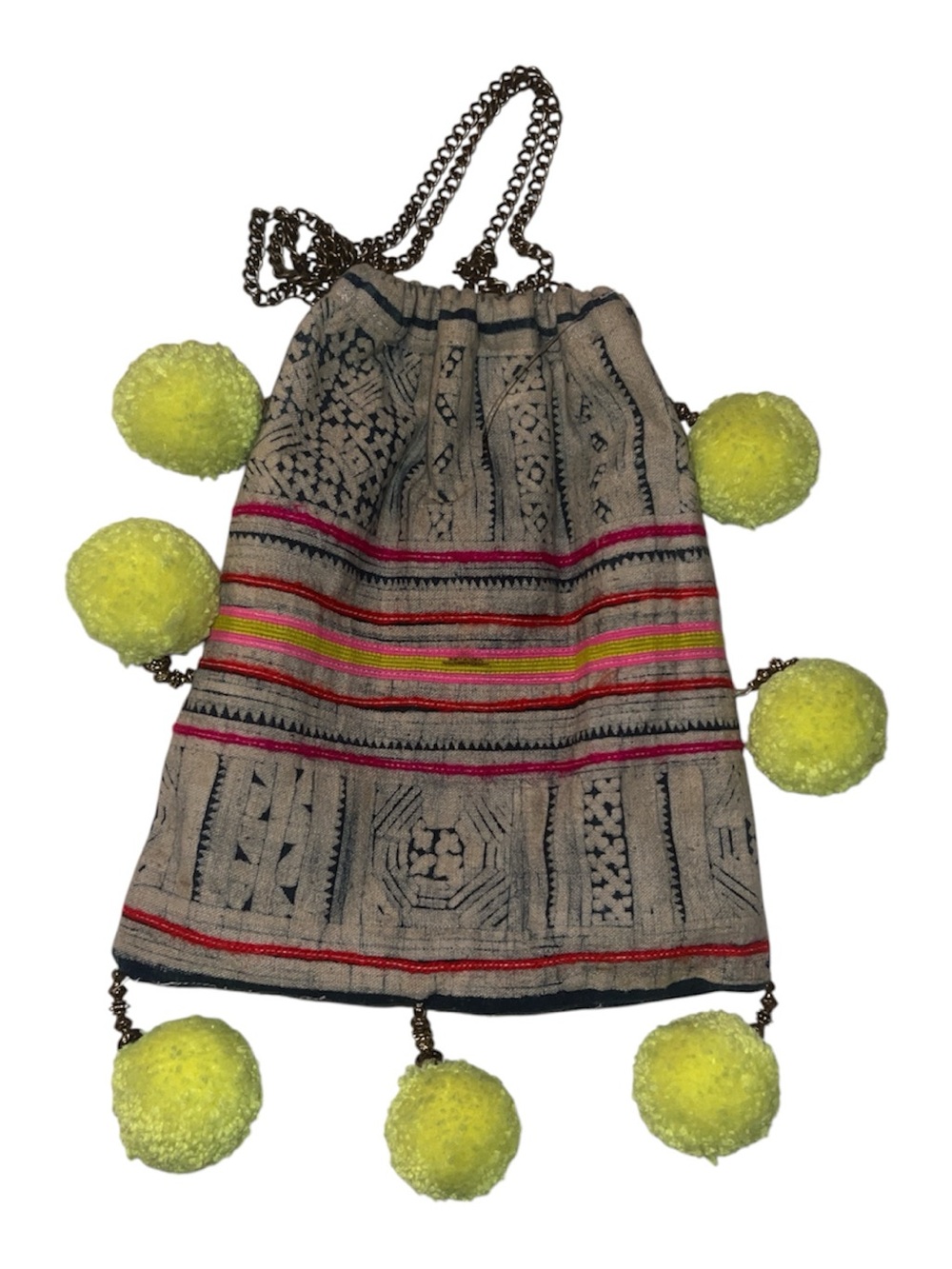 GAIA X J Crew Embroidered Drawstring Mini Bag with Neon Yellow Pom-Poms